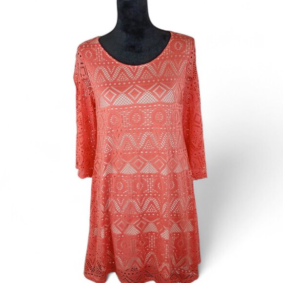 12PM by MON AMI Women's Midi Lace Dress Large Coral Flowy Geometric - Picture 2 of 5